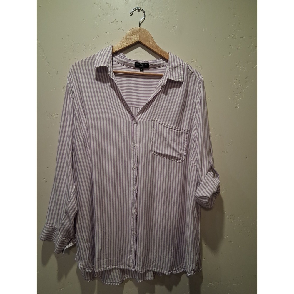 Velvet Heart Plus Size 2X Purple White Stripe Rayon Button Down Blouse Top Comfy